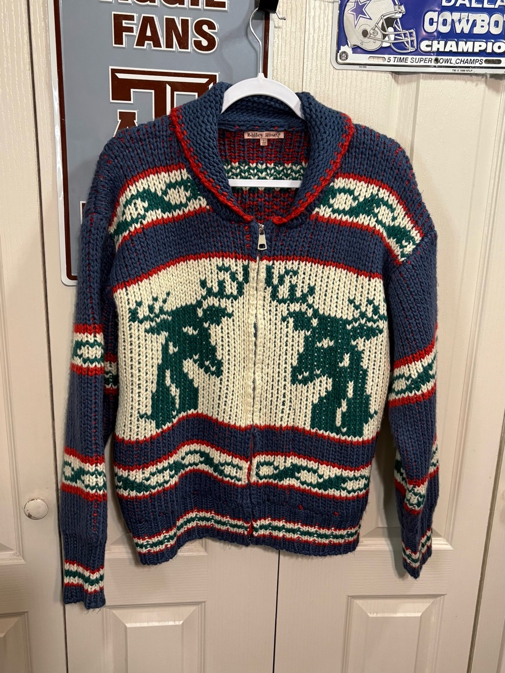 Bailey Rose Hand-Knit Moose Zip Cardigan Sweater - Blue, Cream & Green